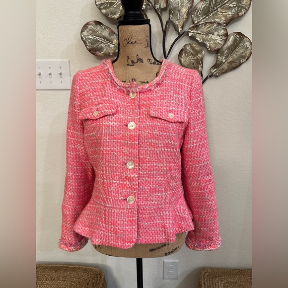 J. Crew Jackets & Blazers - J.Crew Pink Tweed Jacket Blazer Braided Trim Pockets Size 6